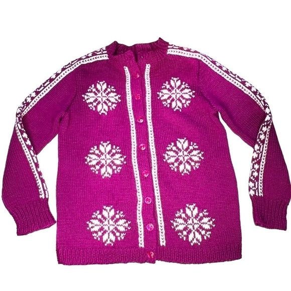 HAND-KNIT Vintage Snowflake Cardigan Sweater Magenta Purple Women's Size S - Picture 5 of 15